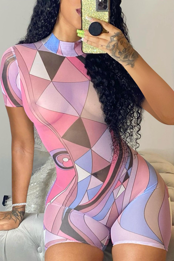 Pink Fashion Casual Print Basic O Neck Short Sleeve Skinny Romper