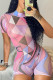 Pink Fashion Casual Print Basic O Neck Short Sleeve Skinny Romper