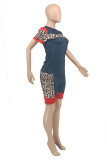 Blue Fashion Casual Leopard Patchwork O Neck Short Sleeve Two Pieces