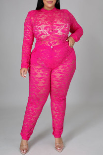 Rose Red Sexy Solid Split Joint See-through O Neck Plus Size Two Pieces