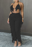 Black Fashion Sexy Solid Tassel Backless Halter Sleeveless Two Pieces