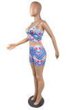 Blue Sexy Casual Print Backless Spaghetti Strap Sleeveless Two Pieces