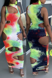 Multicolor Fashion Sexy Print Tie Dye Hollowed Out Turtleneck Sleeveless Dress