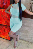 Light Blue Fashion Sexy Solid Hollowed Out See-through O Neck Short Sleeve Two Pieces