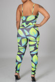 Green Sexy Print Hollowed Out Patchwork Frenulum Spaghetti Strap Sleeveless Two Pieces