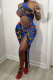 Blue Sexy Print Hollowed Out Halter Pencil Skirt Dresses