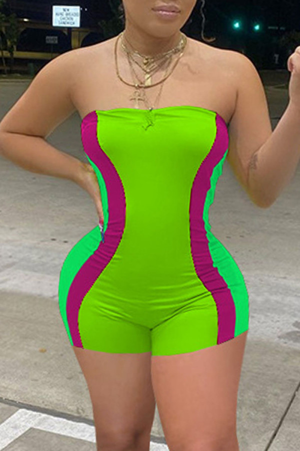 Fluorescent Green Casual Print Patchwork Strapless Skinny Rompers