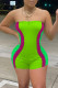 Fluorescent Green Casual Print Patchwork Strapless Skinny Rompers