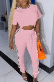 Pink Casual Solid Patchwork Pocket O Neck Short Sleeve Two Pieces