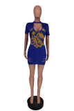 Blue Fashion Sexy Solid Ripped Hollowed Out O Neck Short Sleeve Dress
