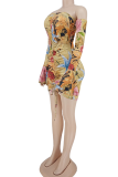 Gold Sexy Print Patchwork Off the Shoulder Pencil Skirt Dresses