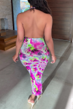 Blue Sexy Print Hollowed Out Halter Pencil Skirt Dresses