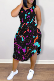 Black Sexy Patchwork Tie-dye O Neck Waist Skirt Dresses