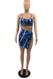 Blue Sexy Print Hollowed Out Backless Slit Spaghetti Strap Sleeveless Dress