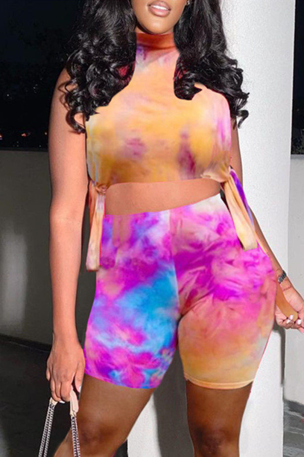 Colour Fashion Sexy Tie Dye Printing Half A Turtleneck Sleeveless Two Pieces