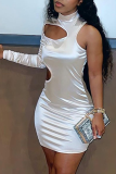 Silver Sexy Solid Hollowed Out Half A Turtleneck Skinny Jumpsuits