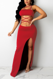 Red Sexy Solid Patchwork Spaghetti Strap Sleeveless Two Pieces