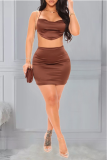 Coffee Sexy Solid Patchwork Halter Sleeveless Two Pieces