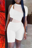 Light Blue Fashion Sexy Solid Hollowed Out See-through O Neck Short Sleeve Two Pieces