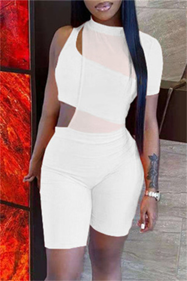 White Fashion Sexy Solid Hollowed Out See-through O Neck Short Sleeve Two Pieces