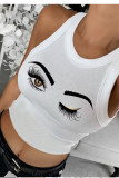 Cream White Fashion Casual Print Vests O Neck Tops