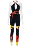 Black Sexy Print Hollowed Out Halter Skinny Jumpsuits