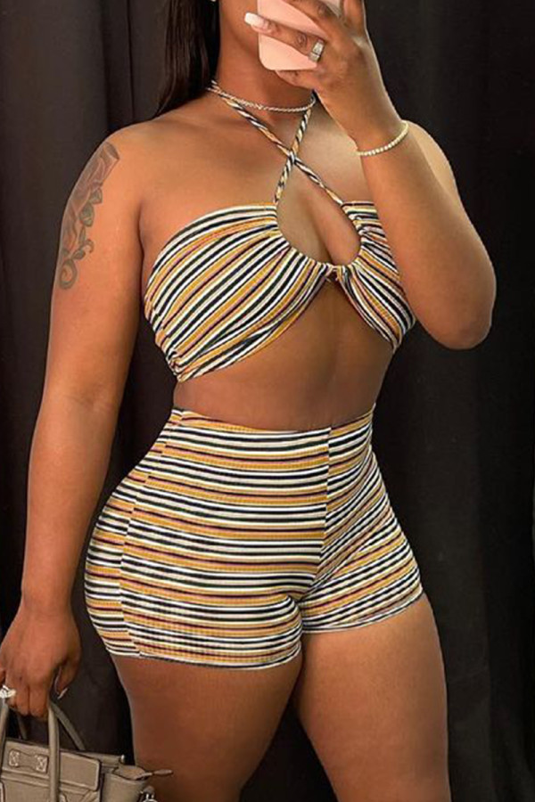 Khaki Fashion Sexy Striped Print Hollowed Out Backless Halter Sleeveless Two Pieces