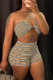 Khaki Fashion Sexy Striped Print Hollowed Out Backless Halter Sleeveless Two Pieces