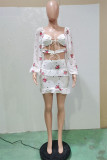 White Fashion Sexy Print Bandage Backless Square Collar Long Sleeve Two Pieces