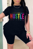 Black Fashion Casual Letter Print Basic O Neck Short Sleeve Two Pieces