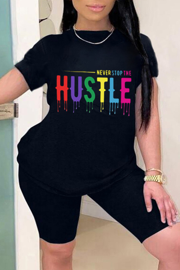 Black Fashion Casual Letter Print Basic O Neck Short Sleeve Two Pieces