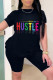 Black Fashion Casual Letter Print Basic O Neck Short Sleeve Two Pieces