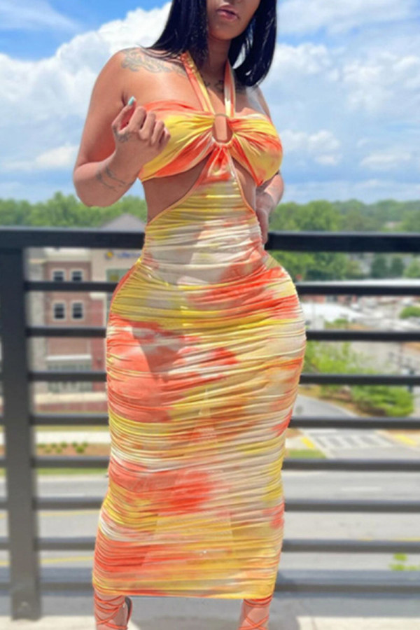 Orange Yellow Sexy Print Bandage Hollowed Out Patchwork Halter Pencil Skirt Dresses