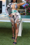 Multicolor Fashion Sexy Print Hollowed Out Strap Design Asymmetrical O Neck Long Sleeve Two Pieces