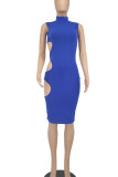 Deep Blue Casual Solid Hollowed Out Patchwork Half A Turtleneck Pencil Skirt Dresses