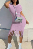 Pink Fashion Casual Solid Tassel O Neck Short Sleeve Dress