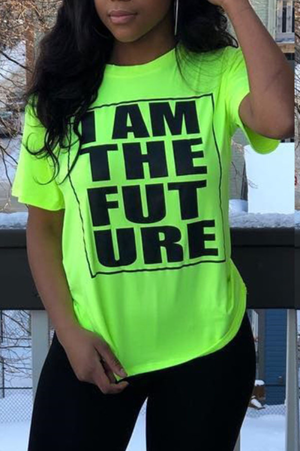 Green Casual Letter Print Patchwork O Neck T-Shirts