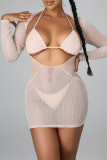 Apricot Sexy Patchwork Hot Drilling Hollowed Out See-through Long Sleeve Dress Three-piece Set