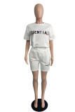 White Fashion Casual Letter Print Basic O Neck Short Sleeve Two Pieces