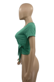 Blue Sexy Solid Bandage V Neck T-Shirts