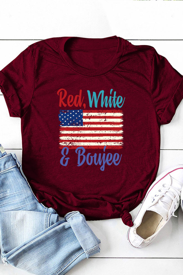 Burgundy Casual Print Patchwork O Neck T-Shirts