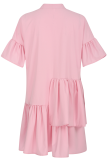Pink Casual Solid Flounce Mandarin Collar Cake Skirt Dresses