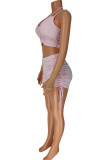 Pink Casual Solid Patchwork Fold Spaghetti Strap Sleeveless Two Pieces
