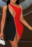 Blue Sexy Color Block Hollowed Out One Shoulder Irregular Dress Dresses