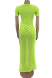 Fluorescent Green Fashion Sexy Solid See-through Slit O Neck Short Sleeve Dress