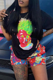 Black Fashion Casual Print Basic O Neck Short Sleeve Two Pieces