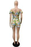 Green Fashion Casual Print Backless Off the Shoulder Short Sleeve Two Pieces