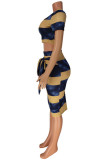 Multi-color Casual Striped Print Bandage Patchwork Short Sleeve Two Pieces