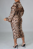 Leopard Print Fashion Sexy Print Leopard Hollowed Out Half A Turtleneck Long Sleeve Two Pieces