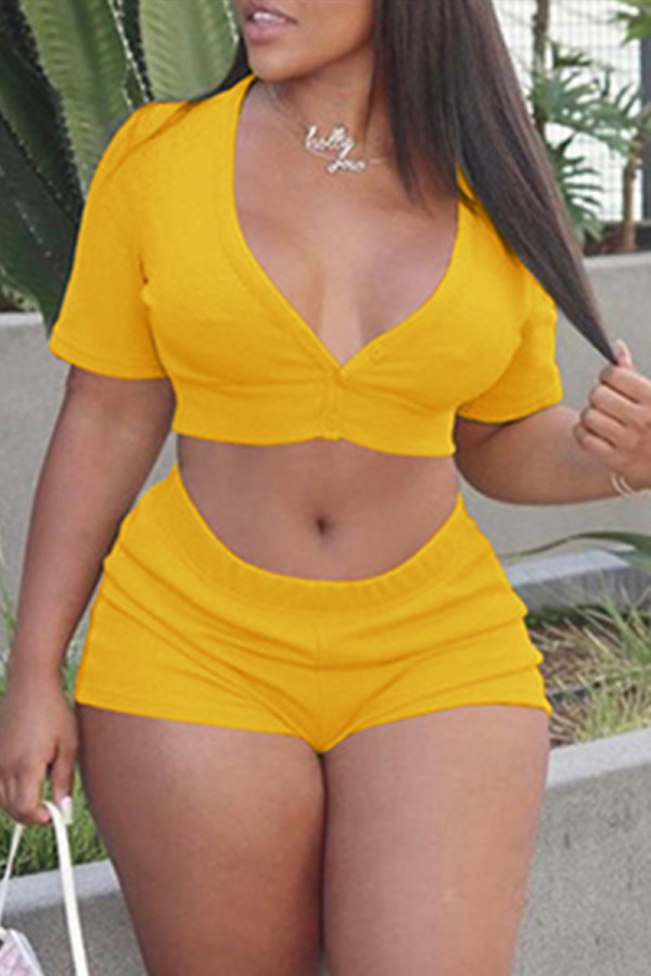 Yellow Sexy Casual Solid Basic V Neck Short Sleeve Two Pieces